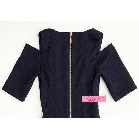 Eliza J Textured Floral Cold-Shoulder Navy Cut-Outs Cutouts A-Line Bodycon Mini - Picture 5 of 7